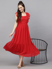 Flutter Sleeve Georgette Dotted Dress( RED )