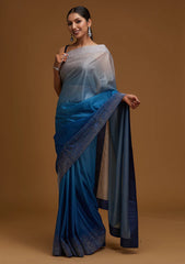 Blue & Gold-Toned Beads and Stones Tissue Saree