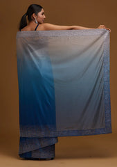 Blue & Gold-Toned Beads and Stones Tissue Saree