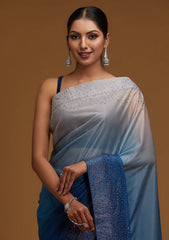 Blue & Gold-Toned Beads and Stones Tissue Saree