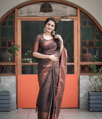 BROWN PURE SOFT SILK SAREE WITH ATTRACTIVE BLOUSE PIECE