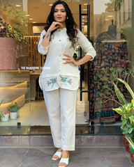 Vijuba Off White Cotton Linen & Embroidery Work Co-Ord Set