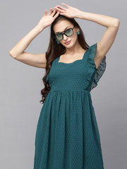 Flutter Sleeve Georgette Dotted Dress( BOTTLE GREEN )