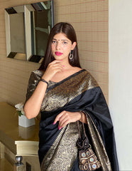 BLACK PURE SOFT SILK SAREE WITH ATTRACTIVE BLOUSE PIECE