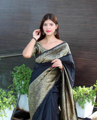 BLACK PURE SOFT SILK SAREE WITH ATTRACTIVE BLOUSE PIECE