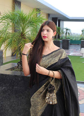 BLACK PURE SOFT SILK SAREE WITH ATTRACTIVE BLOUSE PIECE