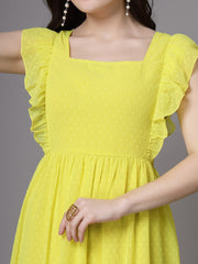 Flutter Sleeve Georgette Dotted Dress( LIME YELLOW )