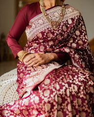 MAROON PURE SOFT SILK SAREE WITH ATTRACTIVE BLOUSE PIECE