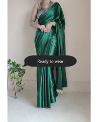 Women's Ready to Wear EMERALD GREEN Satin Silk 1 Minute Pre Pleated Heavy Saree with Designer Hand Work Tassels