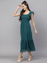 Flutter Sleeve Georgette Dotted Dress( BOTTLE GREEN )