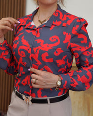 Abstract Print Button Collared Shirt in black colour with red print