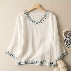 Monsoon Spring Summer Women's 3/4 Sleeve Cotton Top V Neck Loose Shirt White Retro