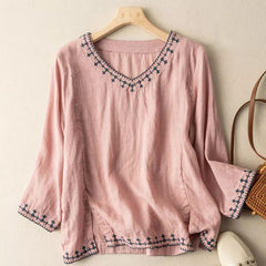 Monsoon Spring Summer Women's 3/4 Sleeve Cotton Top V Neck Loose Shirt pink Retro