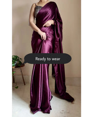 Women's Ready to Wear DEEP PURPLE Satin Silk 1 Minute Pre Pleated Heavy Saree with Designer Hand Work Tassels