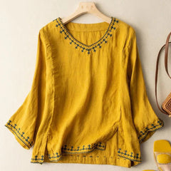 Monsoon Spring Summer Women's 3/4 Sleeve Cotton Top V Neck Loose Shirt yellow Retro Literary Style Tops