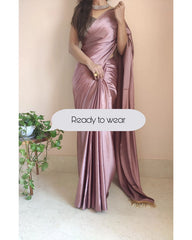 Women's Ready to Wear SMOOTH PINK Satin Silk 1 Minute Pre Pleated Heavy Saree with Designer Hand Work Tassels