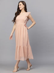 Flutter Sleeve Georgette Dotted Dress( PEACH )