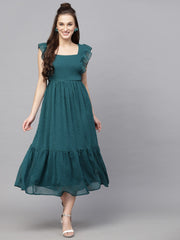 Flutter Sleeve Georgette Dotted Dress( BOTTLE GREEN )