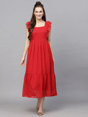 Flutter Sleeve Georgette Dotted Dress( RED )