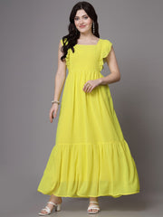 Flutter Sleeve Georgette Dotted Dress( LIME YELLOW )