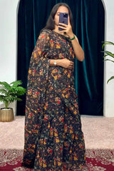 Minute Ready To Wear Georgette Gown Saree with garba print in black colour