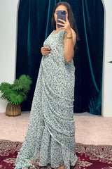 Minute Ready To Wear Georgette Gown Saree with Blossom Green print