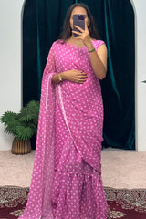 Minute Ready To Wear Georgette Gown Saree with white dots in pink print