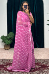 Minute Ready To Wear Georgette Gown Saree with white dots in pink print