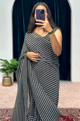 Minute Ready To Wear Georgette Gown Saree with white dots in black print