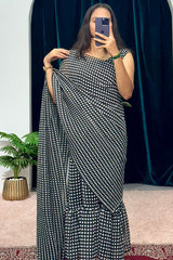 Minute Ready To Wear Georgette Gown Saree with white dots in black print