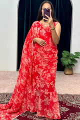 Minute Ready To Wear Georgette Gown Saree with floral red print