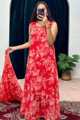 Minute Ready To Wear Georgette Gown Saree with floral red print