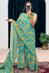 1-Minute Ready To Wear Georgette Gown Saree in rama colour with yellow print