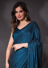 Peacock Blue Stonework Crepe Designer Saree