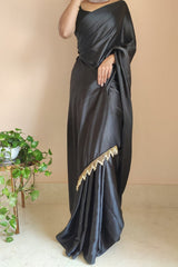 Women's Ready to Wear SILK BLACK Satin Silk 1 Minute Pre Pleated Heavy Saree with Designer Hand Work Tassels