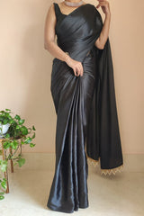 Women's Ready to Wear SILK BLACK Satin Silk 1 Minute Pre Pleated Heavy Saree with Designer Hand Work Tassels