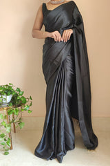 Women's Ready to Wear SILK BLACK Satin Silk 1 Minute Pre Pleated Heavy Saree with Designer Hand Work Tassels