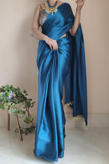 Women's Ready to Wear OCEAN BLUE Satin Silk 1 Minute Pre Pleated Heavy Saree with Designer Hand Work Tassels