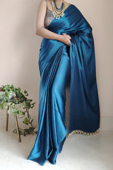 Women's Ready to Wear OCEAN BLUE Satin Silk 1 Minute Pre Pleated Heavy Saree with Designer Hand Work Tassels