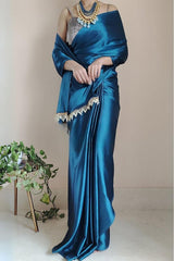 Women's Ready to Wear OCEAN BLUE Satin Silk 1 Minute Pre Pleated Heavy Saree with Designer Hand Work Tassels