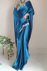 Women's Ready to Wear OCEAN BLUE Satin Silk 1 Minute Pre Pleated Heavy Saree with Designer Hand Work Tassels