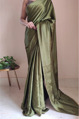 Women's Ready to Wear POISON GREEN Satin Silk 1 Minute Pre Pleated Heavy Saree with Designer Hand Work Tassels