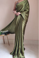 Women's Ready to Wear POISON GREEN Satin Silk 1 Minute Pre Pleated Heavy Saree with Designer Hand Work Tassels