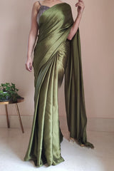 Women's Ready to Wear POISON GREEN Satin Silk 1 Minute Pre Pleated Heavy Saree with Designer Hand Work Tassels