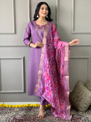 VISCOSE CHANDERI LAVENDER SHADED SUIT SET