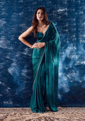 Turquoise Blue Stonework Satin Designer Saree