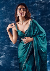 Turquoise Blue Stonework Satin Designer Saree