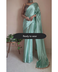 Women's Ready to Wear ELEGANT RAMA Satin Silk 1 Minute Pre Pleated Heavy Saree with Designer Hand Work Tassels