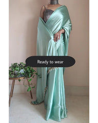 Women's Ready to Wear ELEGANT RAMA Satin Silk 1 Minute Pre Pleated Heavy Saree with Designer Hand Work Tassels