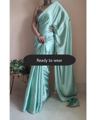 Women's Ready to Wear ELEGANT RAMA Satin Silk 1 Minute Pre Pleated Heavy Saree with Designer Hand Work Tassels